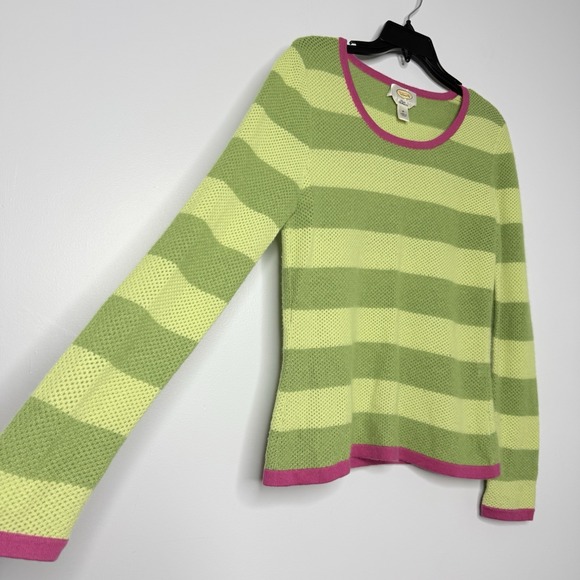 Talbots 100%Pure Cashmere Sweater Women's Sz M Green Striped Pink Trim Open Knit - Picture 5 of 14